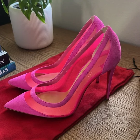 Authentic Christian Louboutin Pink Galativi 100 Neon Suede And Mesh Pumps - Picture 6 of 9